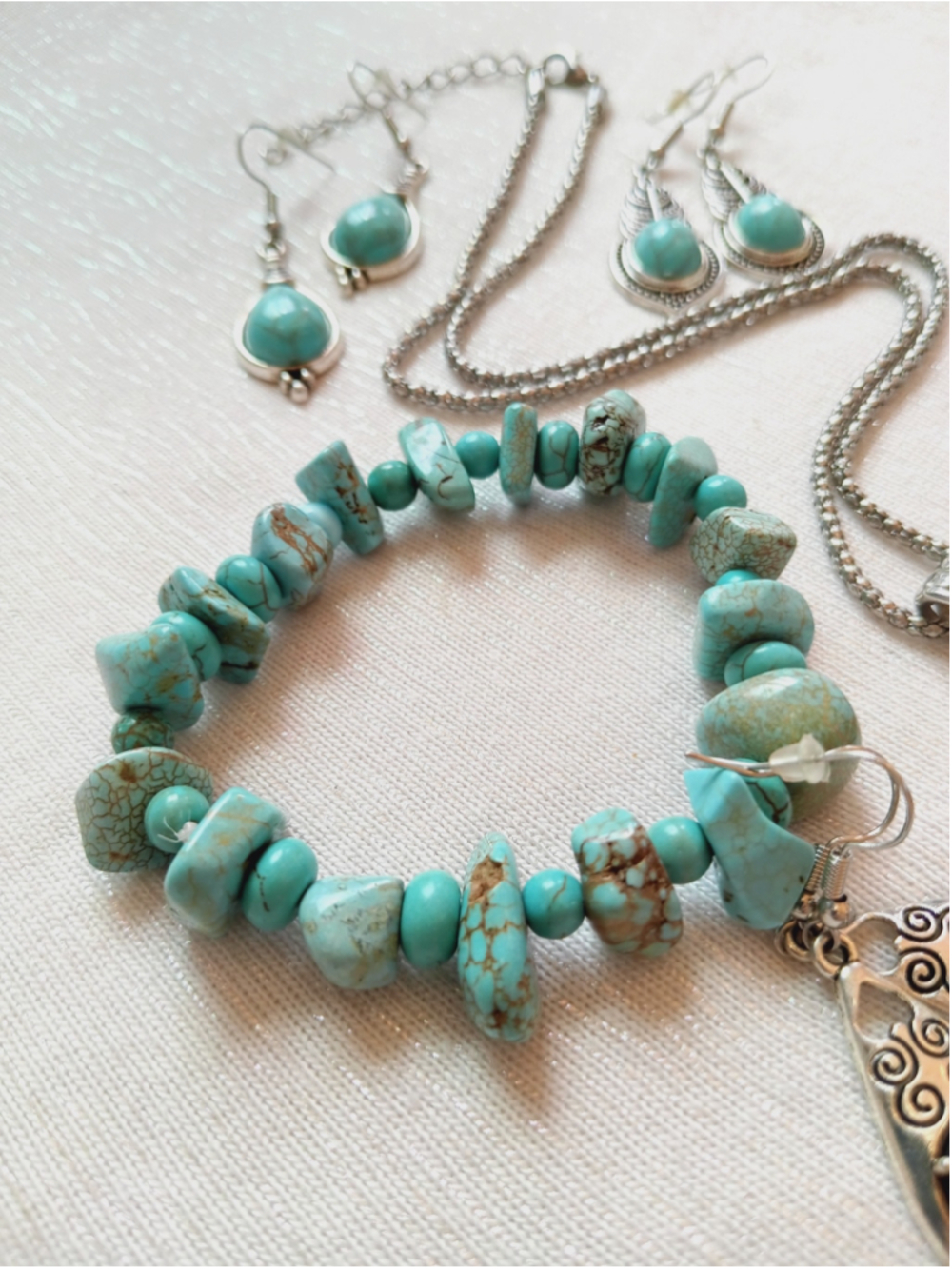 Western Stone Jewelry Collection Turquoise Silver Heart Flower Dyed agate Boho - Picture 5 of 8
